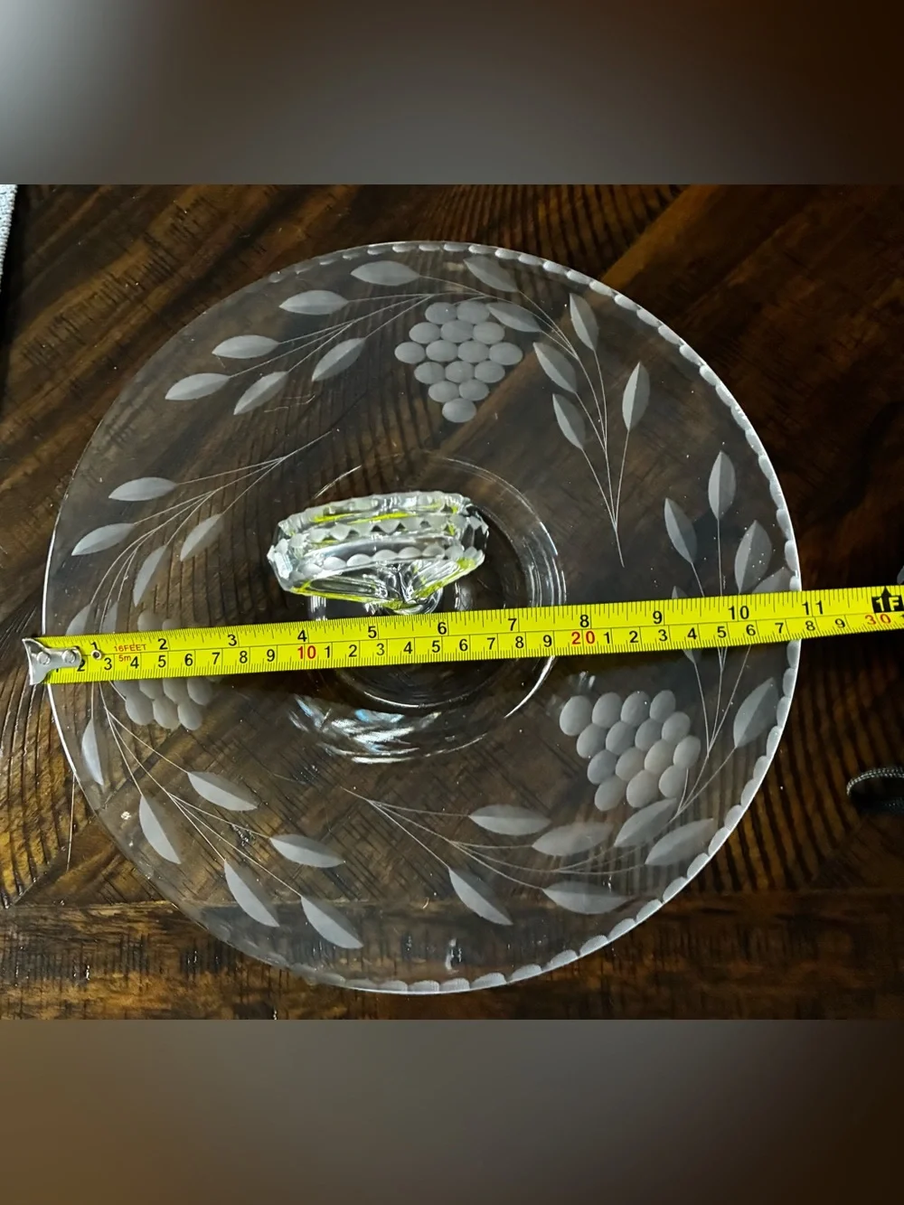 Clear Etched Glass Serving Plate with Grape Motif - White